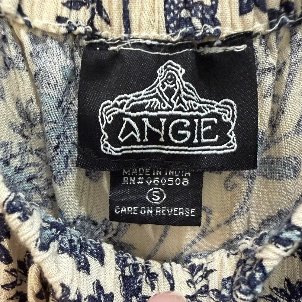 Angie Blue Floral Paisley Boho Peasant Crochet Lace Trim Tiered Mini Dress Small